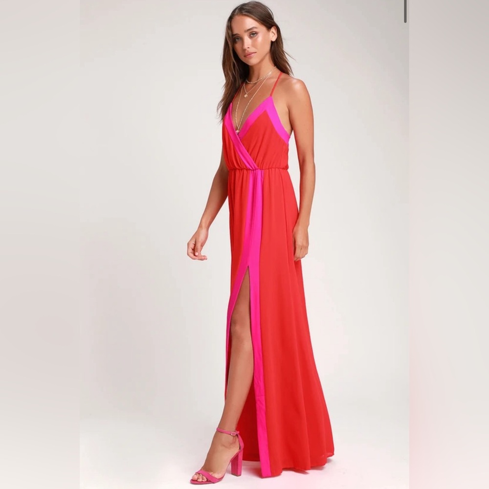 Lulus Bright Side Coral Red Color Block Maxi Dress